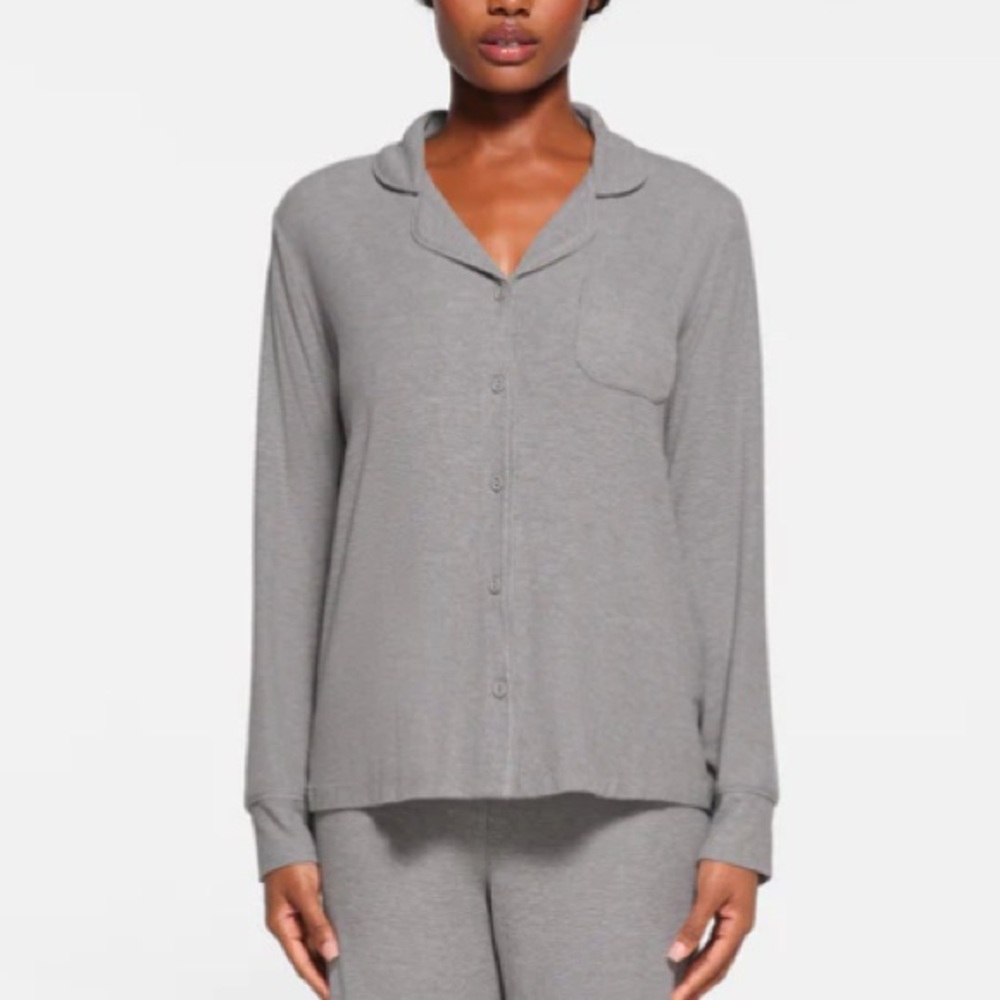 NEW Skims Black Ribbed Soft Lounge Pajama Long Sleeve Top, Heather Gray Size XXS